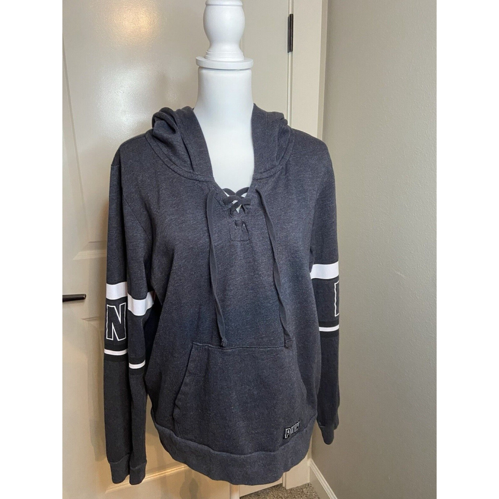 Victoria’s Secret LACE UP Pink Perfect PULLOVER Arm Graphics Gray Hoodie Size M
